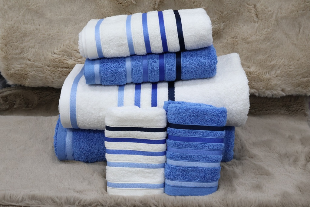 Conjunto de 6 Toalhas de Banho – Azul Royal e Branco com Riscas Acetinadas