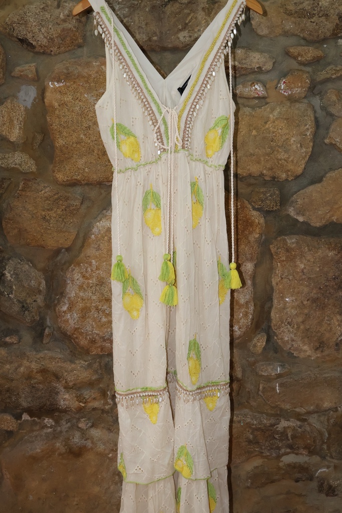 Vestido Maxi Boho-Chic com Bordado de Limões e Búzios