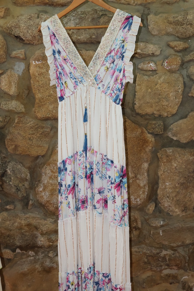 Vestido Floral com Lantejoulas e Riscas Douradas