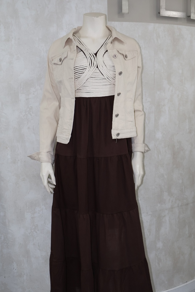 Vestido Maxi Chocolate & Casaco Denim Cru
