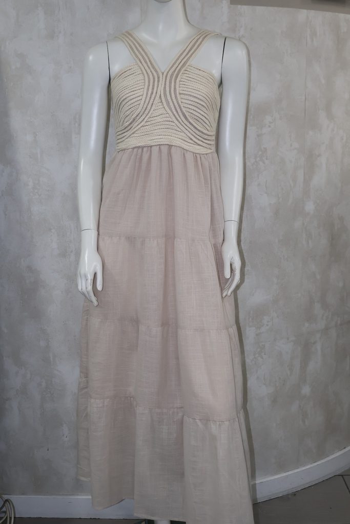 Vestido Maxi Terra: Corpete em Cordão & Saia Fluida Areia