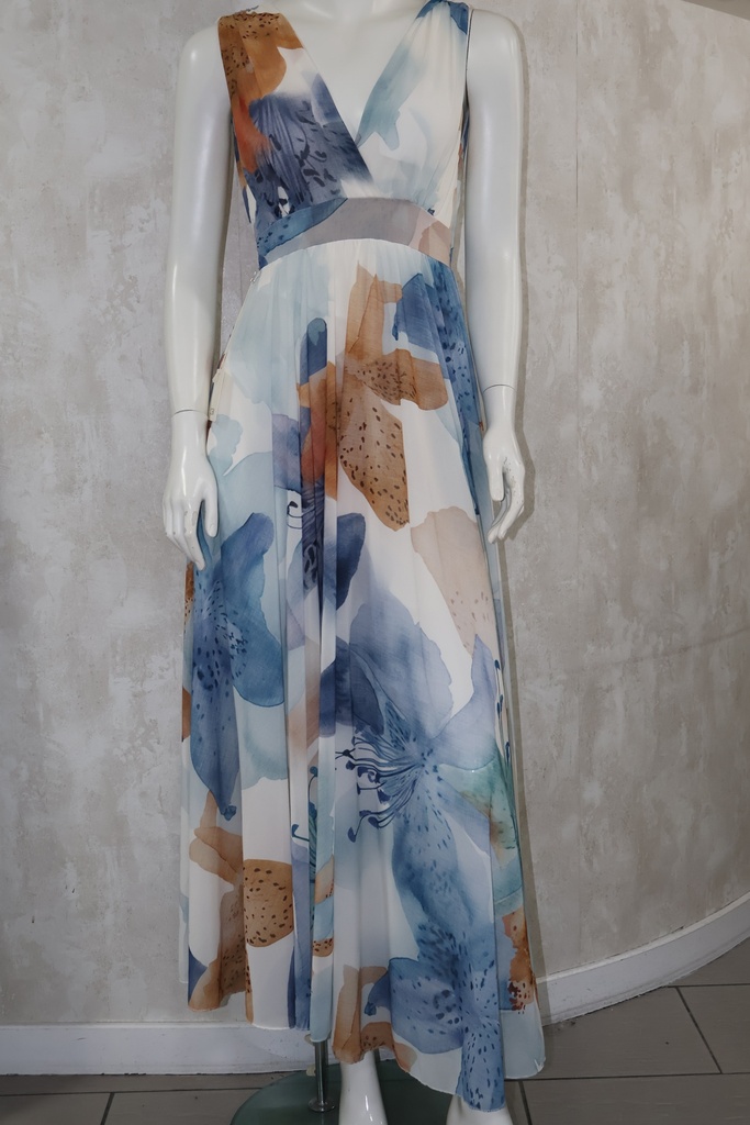 Vestido Maxi Aquarelle Flora: Decote Cruzado & Tons Oceânicos