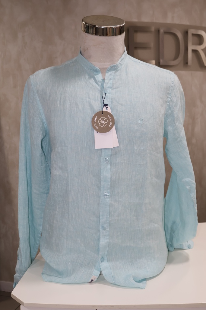 Camisa 100% Linho Gola Padre Azul Turquesa