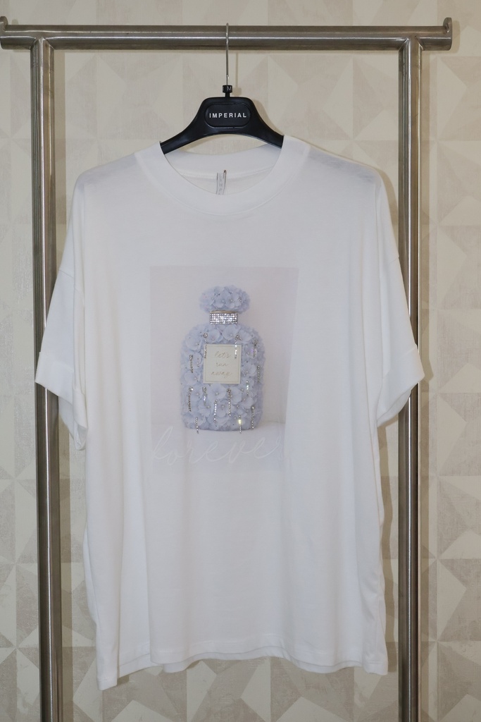 T-shirt Branca Oversized com Estampado de Perfume e Brilhos
