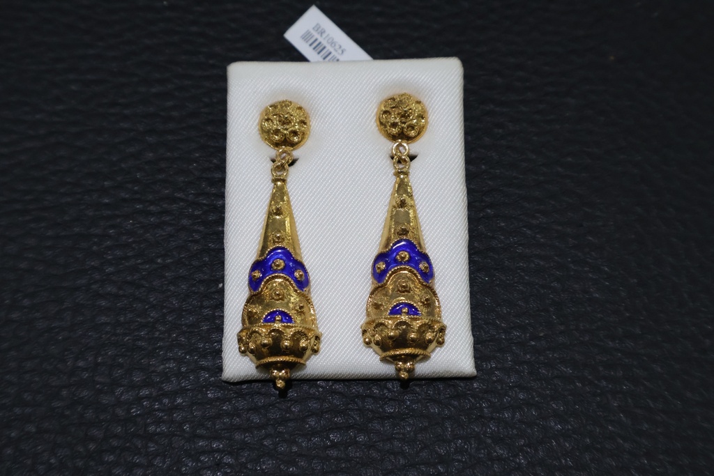 Brincos de Pendente Longo Estilo Custódia Dourados com Esmalte Azul-Cobalto