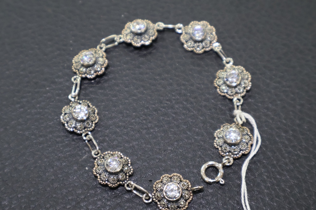 Pulseira de Elos Florais em Prata Envelhecida com Cristais e Marcassitas