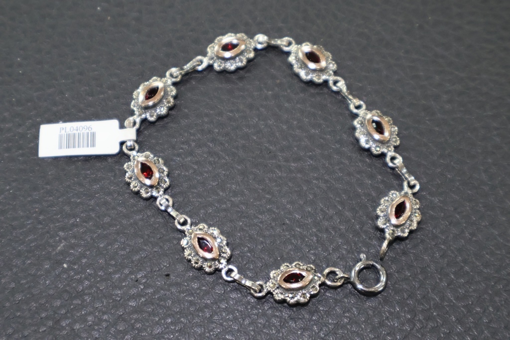 Pulseira de Elos Florais em Prata Envelhecida com Granadas e Marcassitas