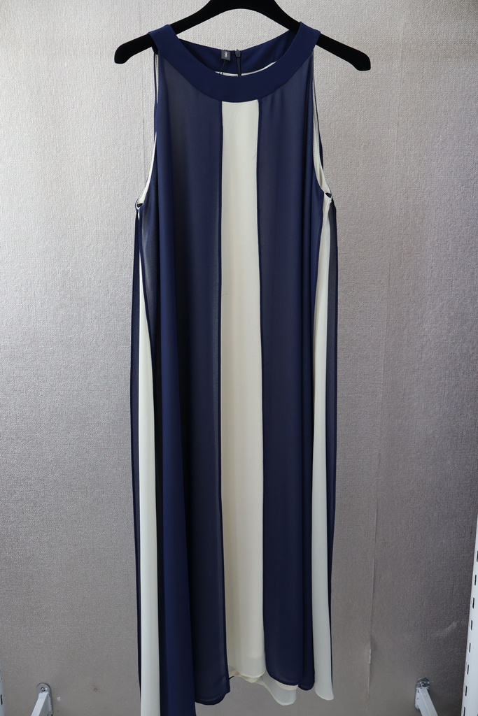 Vestido Longo Plissado Bi-Color Navy & Cream