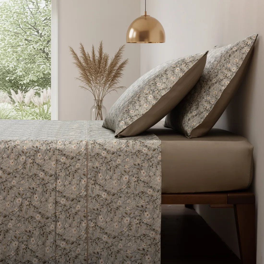 Jogo de Lençóis 100% Algodão Cetim 200 Fios Floral Taupe – 775