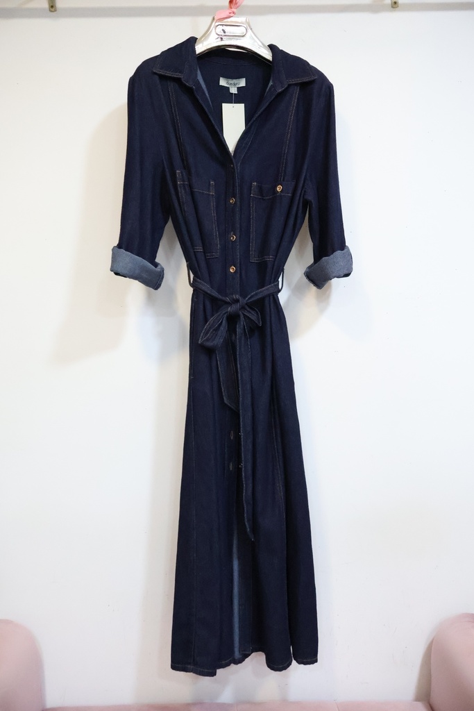 Vestido Camiseiro Longo de Ganga Azul Escura