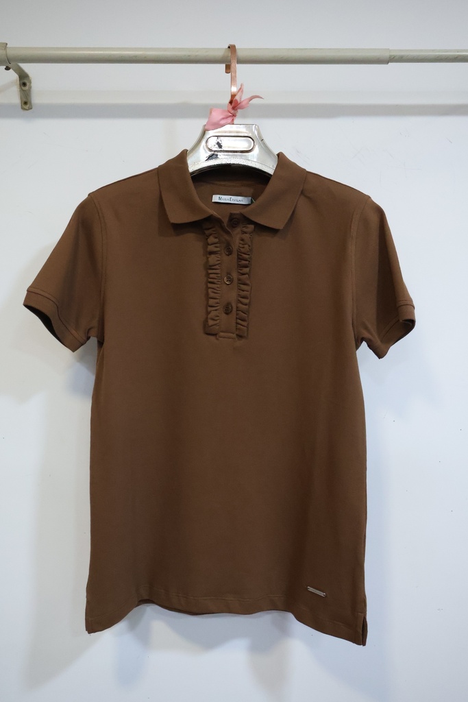 Polo de Manga Curta com Folhos Castanho