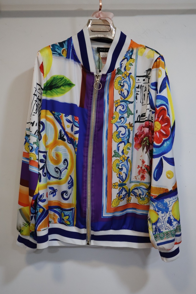Casaco Bomber Acetinado de Estampado Mediterrâneo