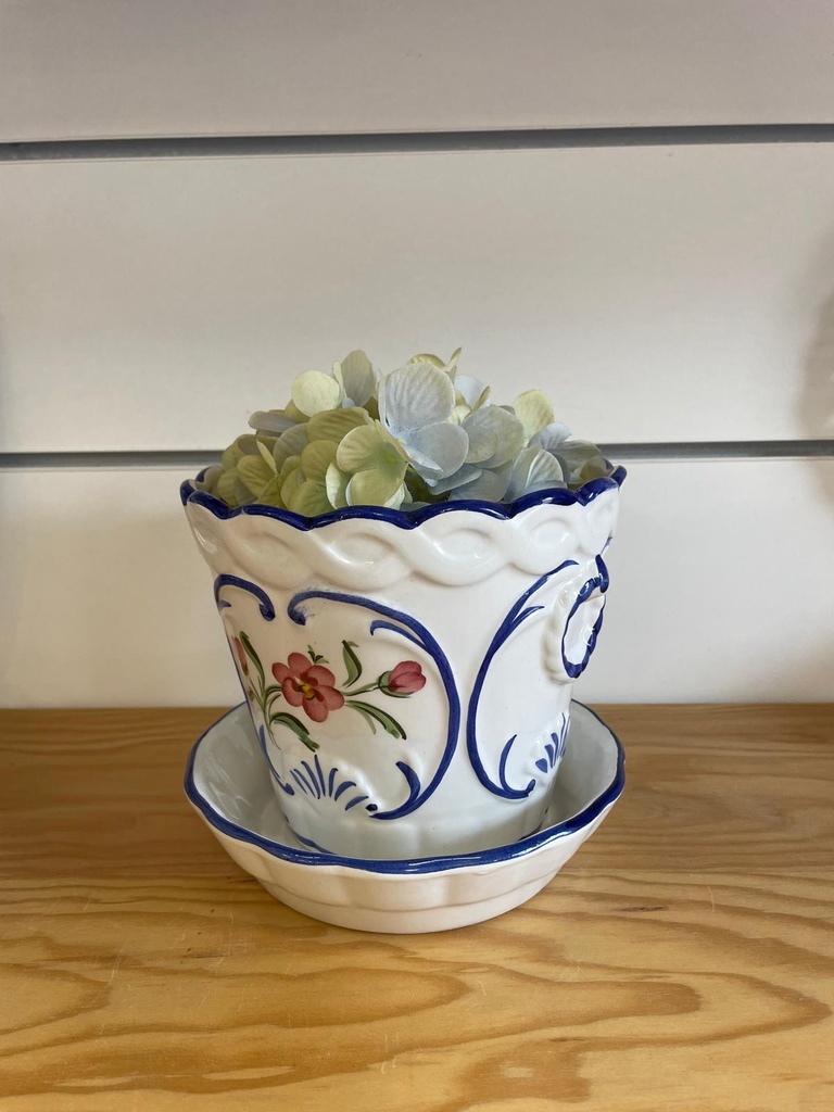 Vaso em Cerâmica Pintado à Mão com Prato - Motivo Floral