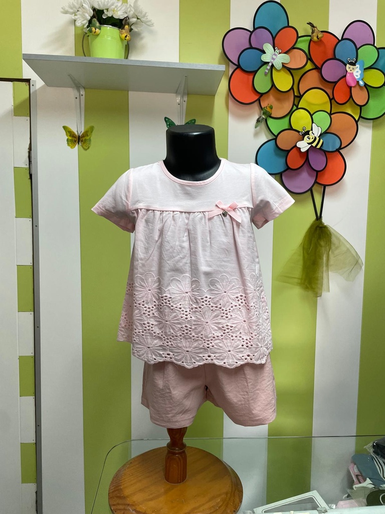 Conjunto Casual Bebé e Criança - Túnica com Bordado e Calções Rosa