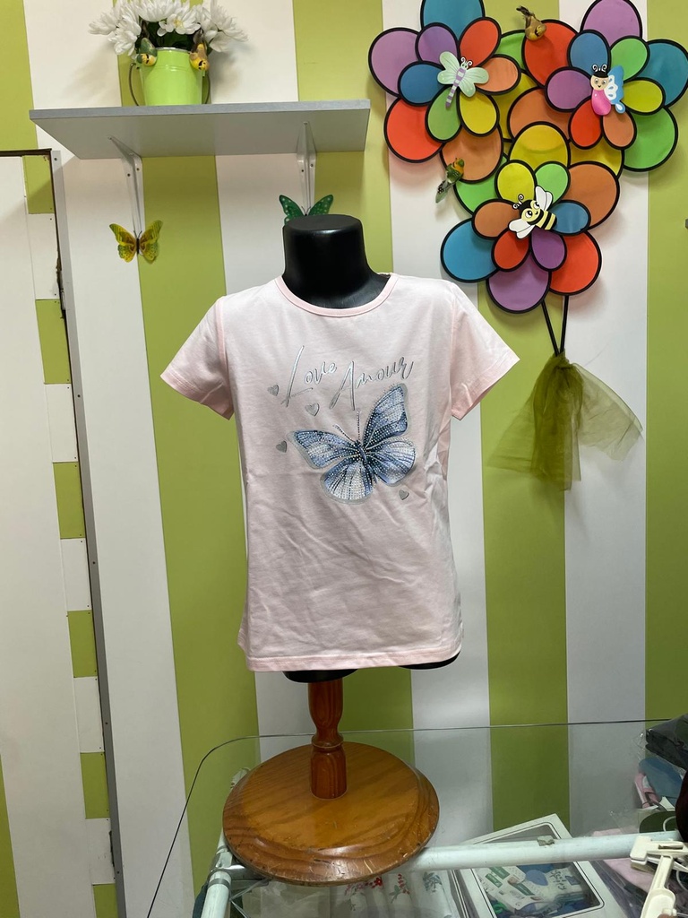 T-shirt Casual Bebé e Criança - Detalhe de Borboleta e Brilhantes