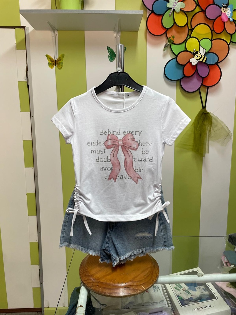Conjunto Casual Bebé e Criança - T-shirt com Laço e Calções de Ganga