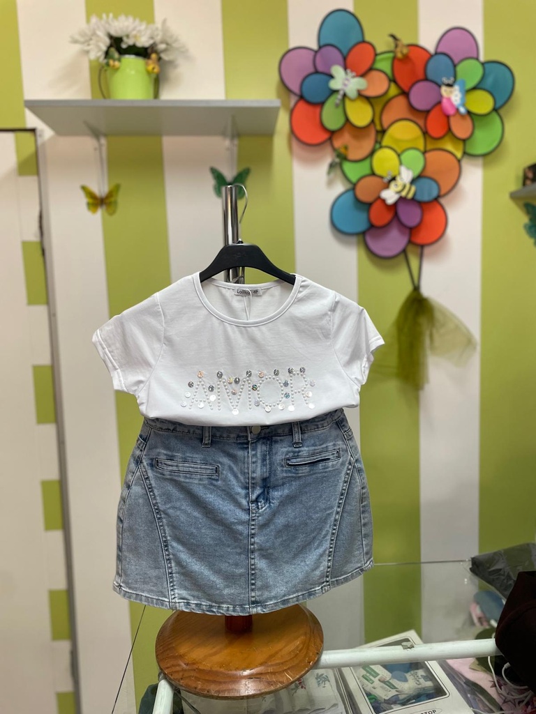 Conjunto Casual Bebé e Criança - T-shirt com Aplicação e Saia de Ganga