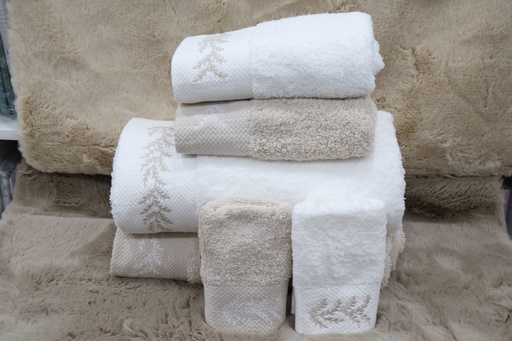Conjunto de 6 Toalhas de Banho – Bege e Branco com Bordado Botânico