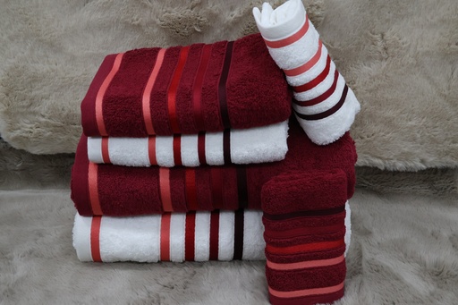 Conjunto de 6 Toalhas de Banho – Bordeaux e Branco com Riscas Acetinadas