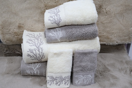 Conjunto de 6 Toalhas de Banho – Cinza e Pérola com Bordado de Corais