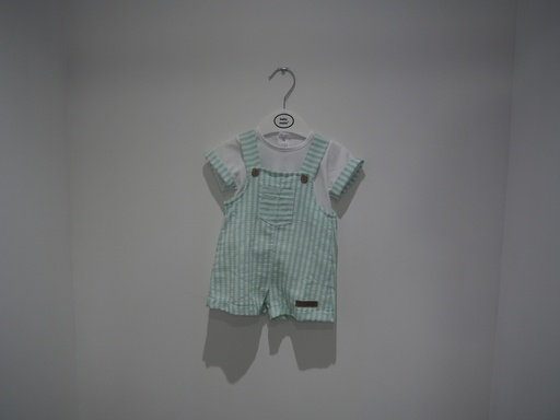 Conjunto de Bebé de 2 Peças – Jardineiras em Xadrez Vichy Verde Água e T-shirt