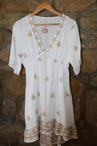 Vestido Curto com Bordado Étnico Dourado e Decote V