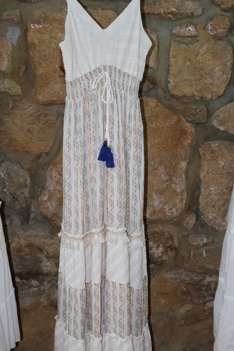 Vestido Longo de Riscas com Borlas Azuis