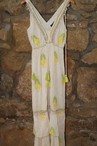 Vestido Maxi Boho-Chic com Bordado de Limões e Búzios