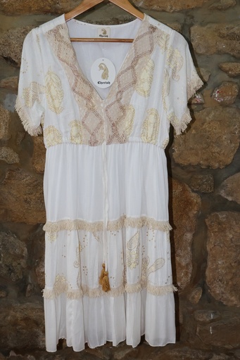 Vestido Paisley com Detalhes em Renda e Franja