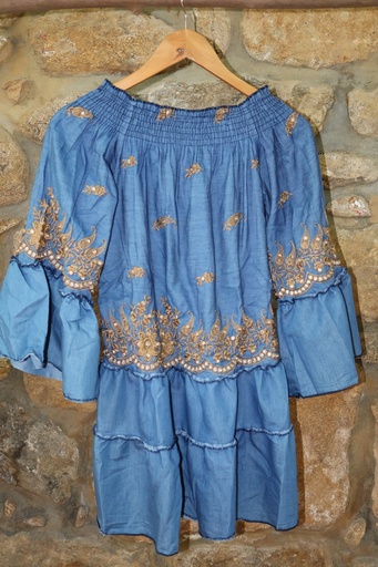 Vestido Denim com Bordados e Lantejoulas
