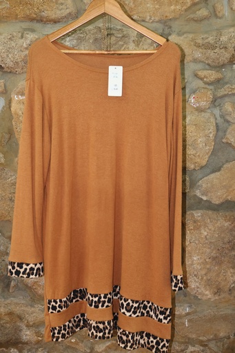 Camisola Longa Camel com Detalhes Animal Print