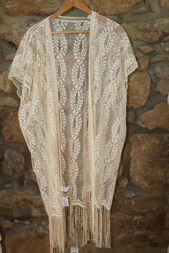 Kimono de Renda com Franjas em Bege