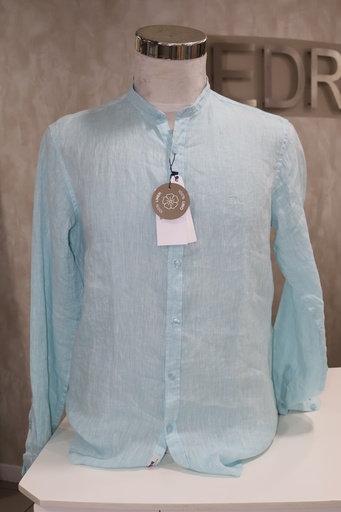 Camisa 100% Linho Gola Padre Azul Turquesa