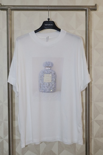 T-shirt Branca Oversized com Estampado de Perfume e Brilhos