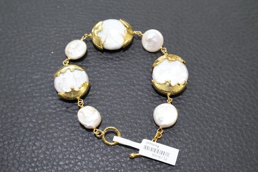 Pulseira de Elos Alternados com Pérolas Barrocas e Conchas Douradas