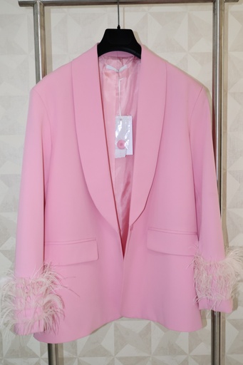 Blazer Rosa com Gola Xaile e Penas nos Punhos