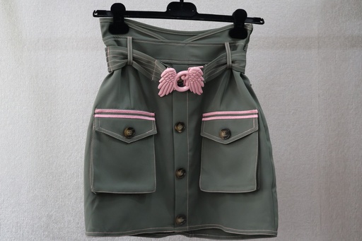 Saia Mini Verde-Caqui com Cinto de Asas Rosa
