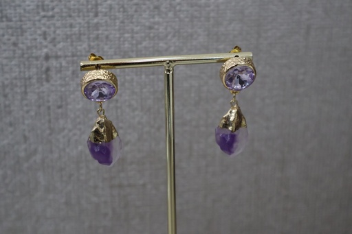 Brincos de Pino Dourados com Cristal e Pendente de Ametista Bruta