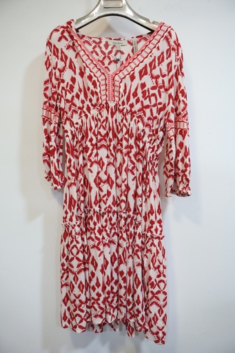 Vestido Fluido com Padrão Geométrico Vermelho e Branco
