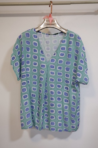 Blusa Fluida de Decote em V com Padrão Geométrico Retro