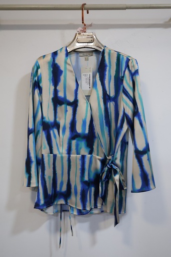 Blusa de Trespasse Acetinada com Estampado Abstrato Azul