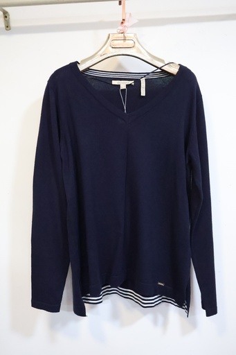 Camisola de Malha Fina Azul-Marinho com Detalhe de Riscas