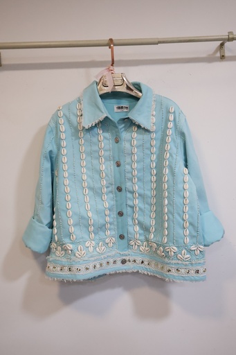 Casaco Boémio Turquesa Pastel com Búzios e Renda