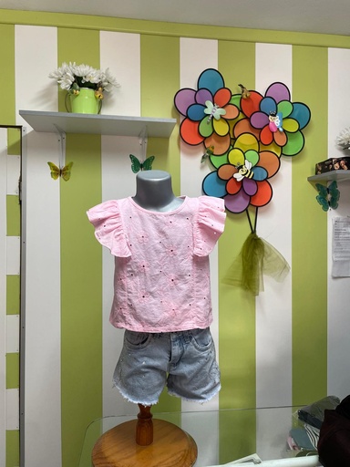 Conjunto Casual Bebé e Criança - Blusa Rosa Bordada e Calções de Ganga
