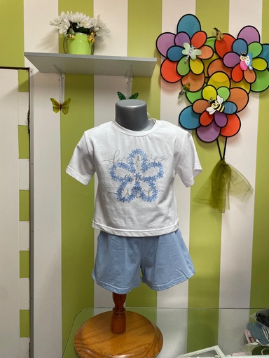 Conjunto Casual Bebé e Criança - T-shirt com Aplicação Floral e Calções