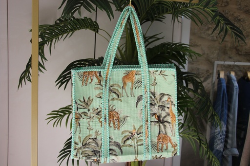 Mala Tote Acolchoada Verde com Estampado Safari