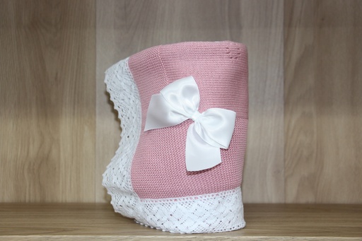Manta de Tricô Infantil Rosa Rosé com Renda